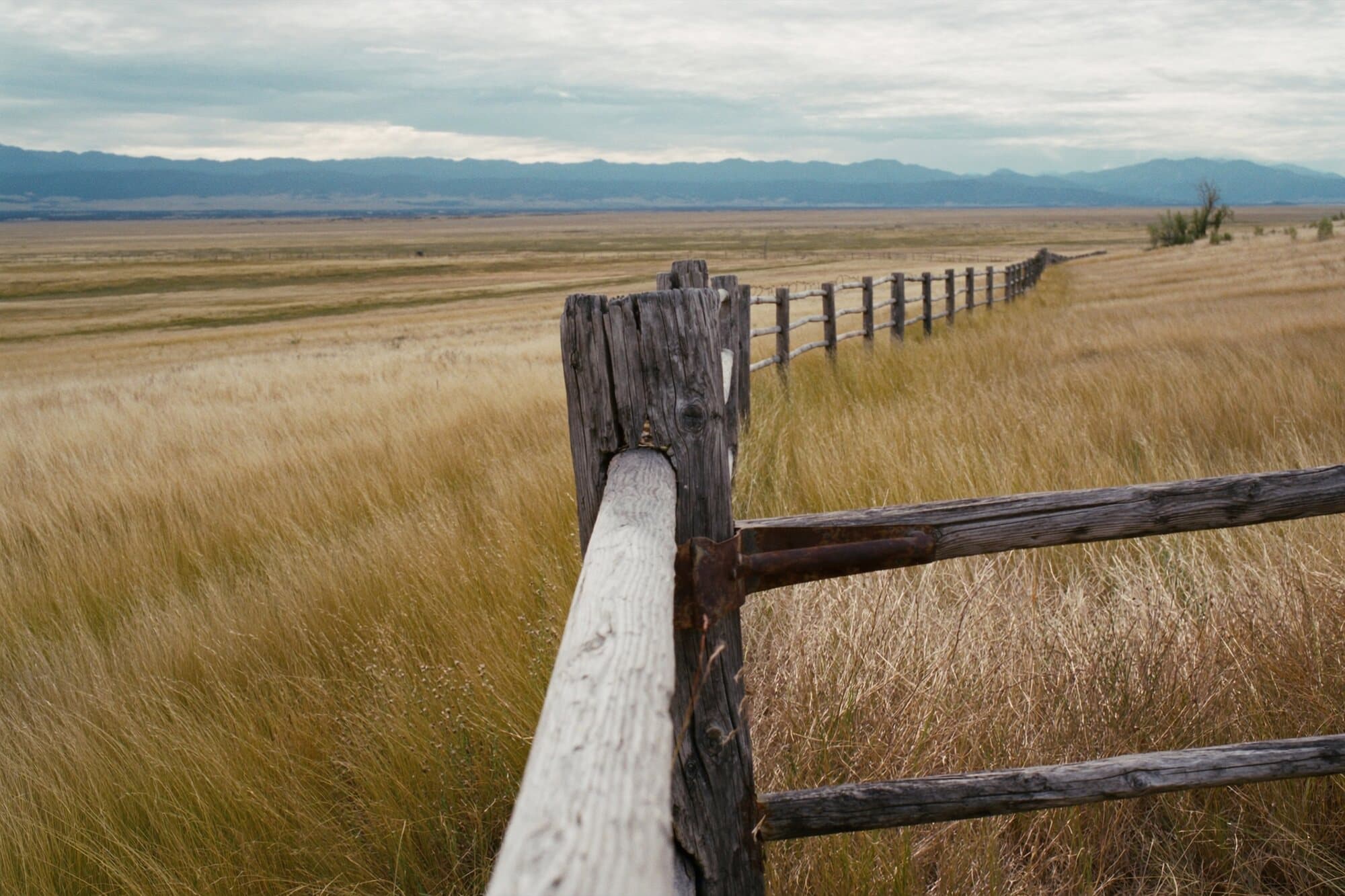 A weathered wooden ranch gate and cedar-post fence line running across open grassland toward distant foothills.