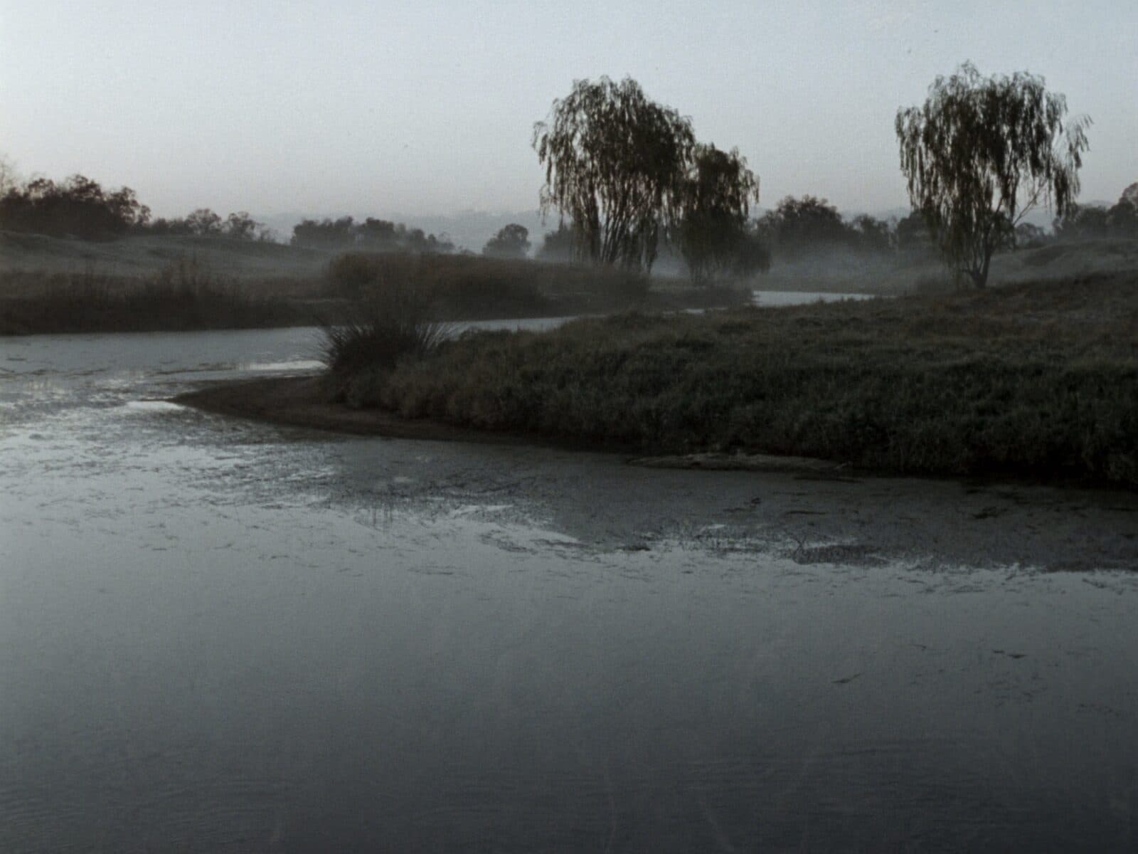 An empty river bend at first light, mist lifting off the water.